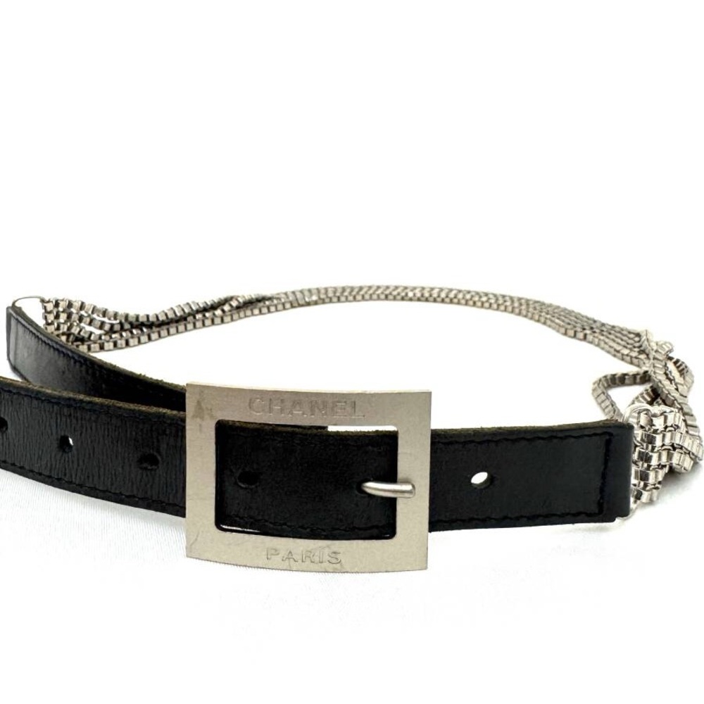 CHANEL Authentic Chain Belt 5-Link Silver Leather Black Logo